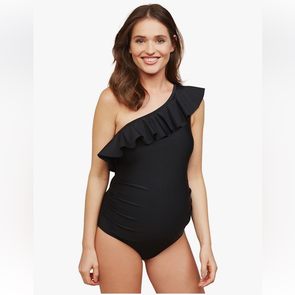 Motherhood Maternity Womens Beach Bump One Piece Swimsuit UPF 50+ Black Size M